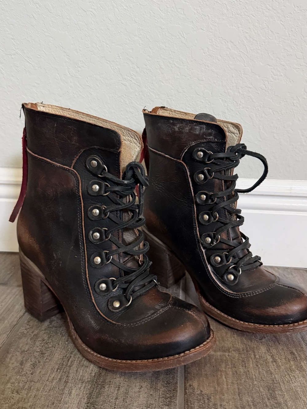 freebird Dark Brown Leather Lace-Up Block Heel Ankle Boots